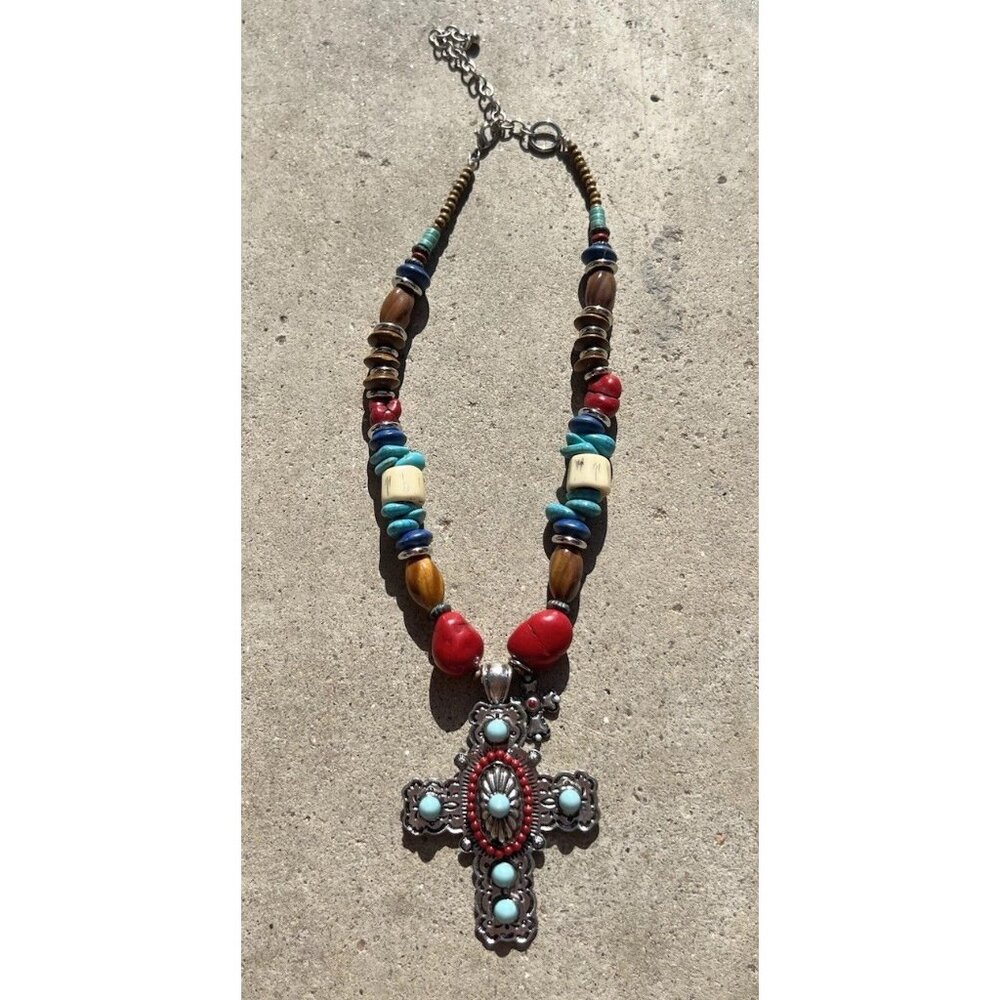 Vintage Turquoise Cross Religious Pendant Necklace Red Branch Coral Sz 23”